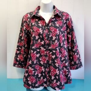 Land's End Womens No Iron  Button Down Floral Shirt 3/4 Sleeves Size 18